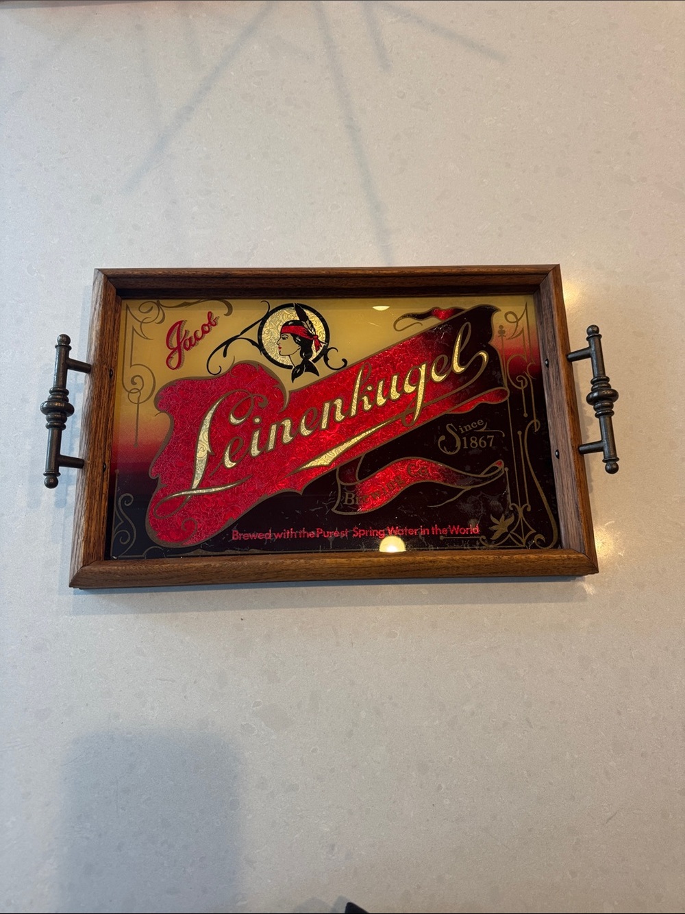 Leinenkugel Red foil mirror Tray with Wood Frame and Metal Handles